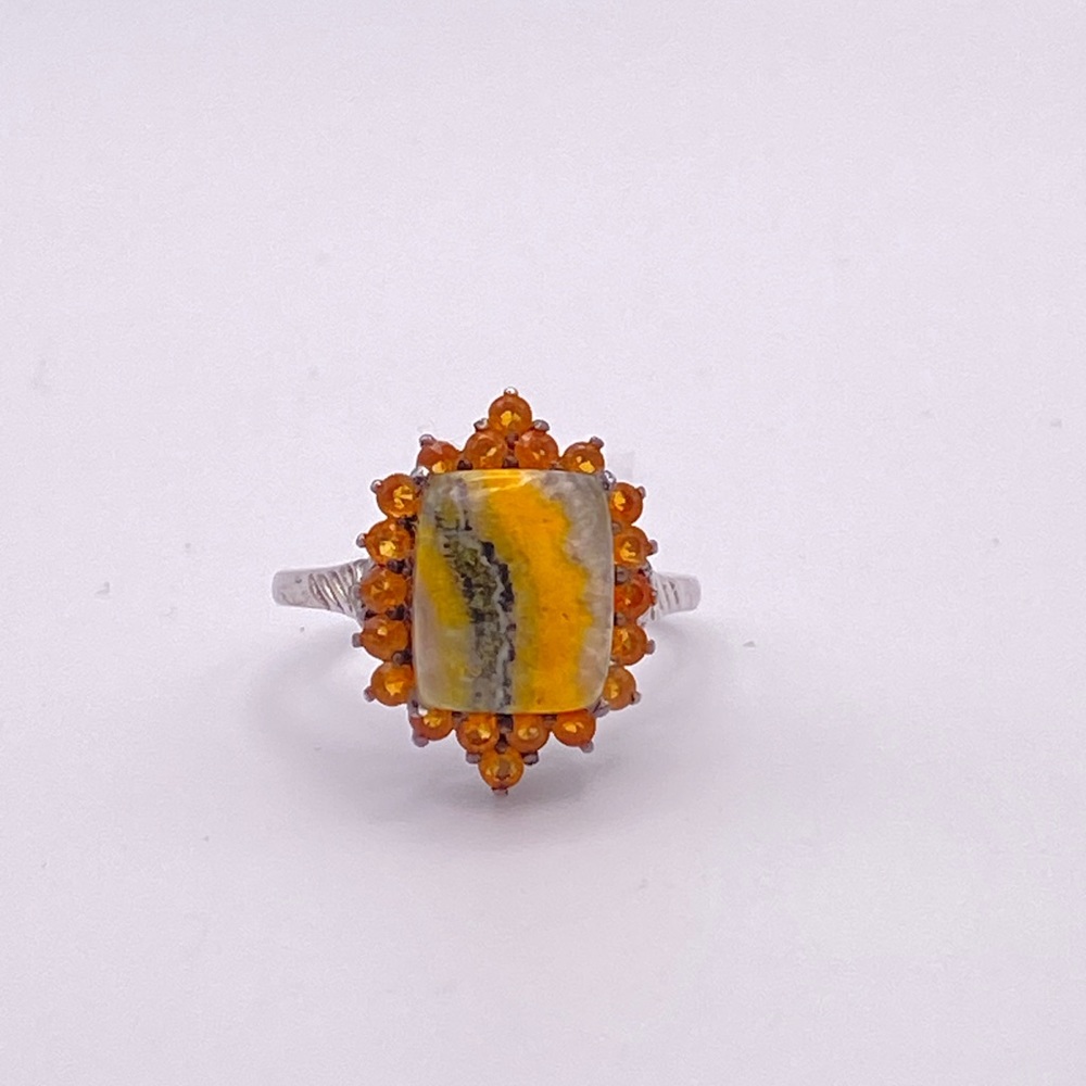 Bumblebee Jasper and Fire Opal Ring; 925 Sterling Silver; Size 8